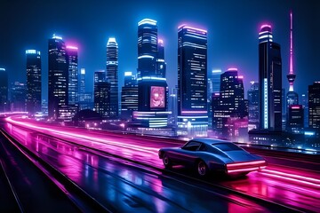 Futuristic city skyline at night with glowing neon lights, modern skyscrapers, and colorful reflections on water, perfect for technology, business, and urban lifestyle concepts.