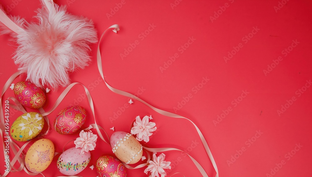 Poster vibrant easter eggs paired with bunny ears against a bright red backdrop. simple festive theme. over