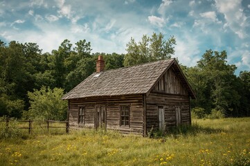 Obraz premium Rustic wooden cottage surrounded by dense foliage in a rural setting