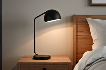Detailed view of a sleek dark metal lamp on a wooden bedside table in a stylish bedroom featuring a pine frame bed and white cotton sheets