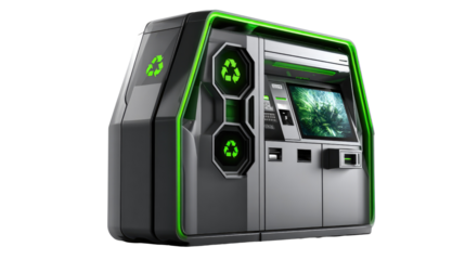 Automated Recycling Machine: Innovative, futuristic recycling machine, prominently displaying the recycling symbol, embodying the future of waste management.