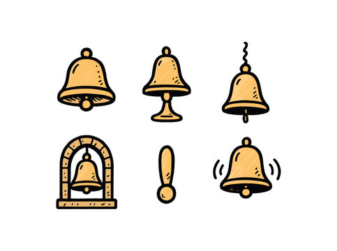 hand drawn cute doodle style line isolated on white background bell bellfoot bronze rim clapper piece rope pull tower arch echo wave