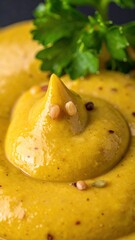Creamy Yellow Mustard with Green Herb Garnish on Dark Surface