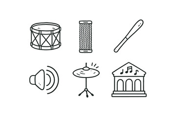 hand drawn cute doodle style line isolated on white background stretched drumhead snare wire rhythm stick echo wave cymbal crash music hall