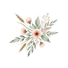 Watercolor floral arrangement with peach flowers and wheat, isolated on transparent background