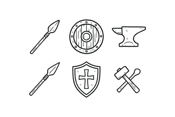 hand drawn cute doodle style line isolated on white background spear tail wooden shaft leather grip iron tip battle shield forge mark