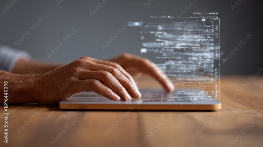 Poster software engineer developing innovative artificial intelligence algorithms on a laptop, with lines o