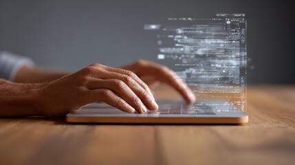 Software engineer developing innovative artificial intelligence algorithms on a laptop, with lines of code emerging as a hologram above the keyboard, creating a futuristic workspace