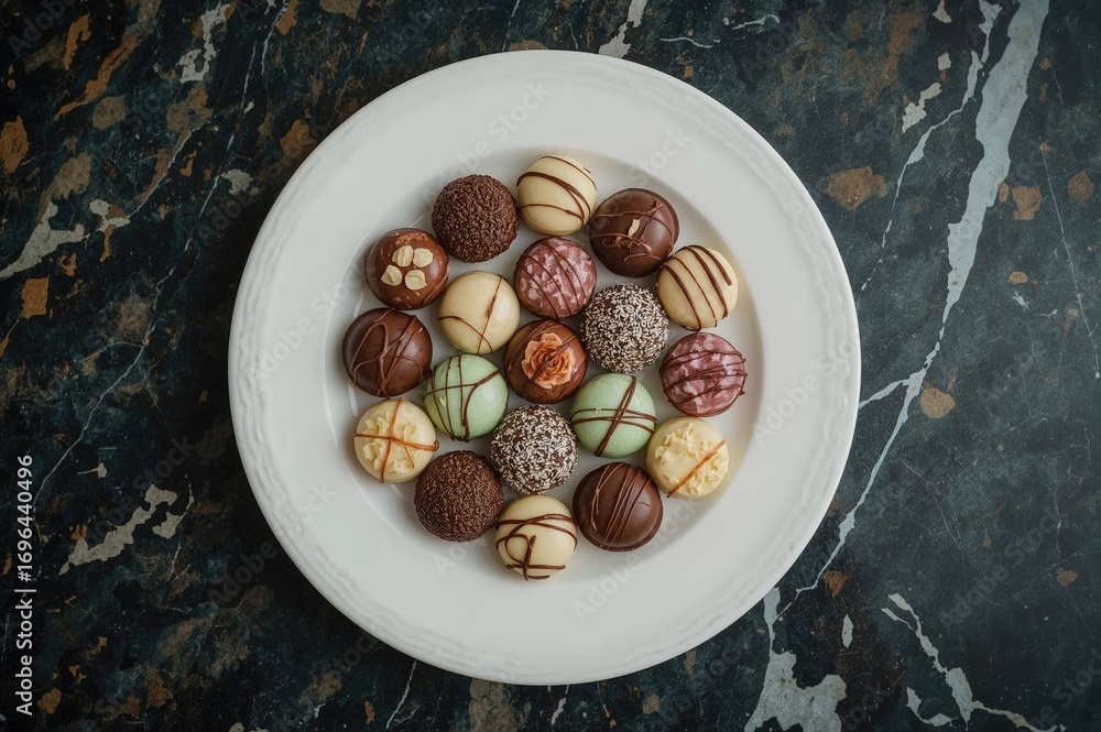 Poster assorted vibrant chocolates displayed on a dish resting on a surface