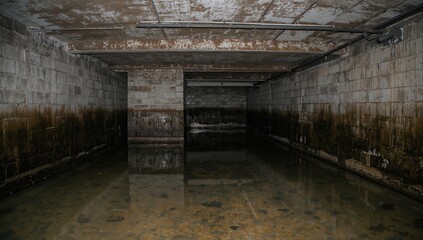 Obraz premium A neglected basement submerged due to a burst pipe, a deserted underground shelter, a disaster haven, a grim urban scene filled with water, mold, and grime