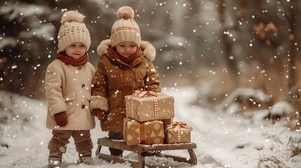 Two little children in vintage winter clothes, standing by wooden sled with Christmas presents