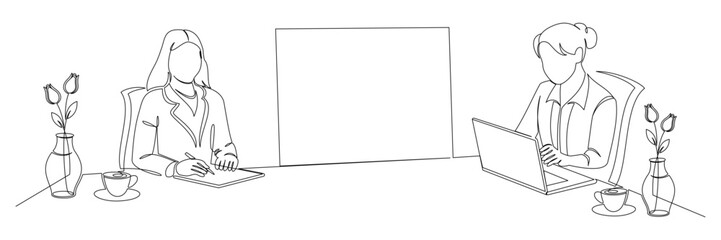 continuous line drawing of two businesswomen working on laptops at an office desk, depicting teamwork and collaboration 2