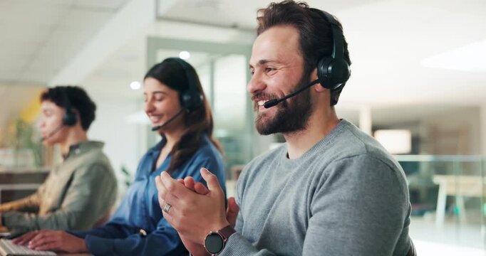 Success, call center and man in office with headset for telemarketing, sales goal and celebrate deal. Customer service, fist pump and workers applause for lead generation bonus, target and consulting