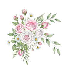 Watercolor bouquet of pink and white roses with greenery isolated on transparent background