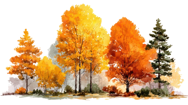 Watercolor fall forest with orange and yellow trees on transparent background