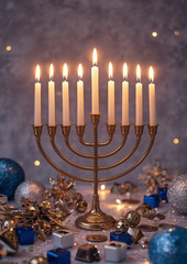Hanukkah card with menorah of nine candles, blue and silver decor, dreidels and festive lights