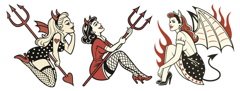 Smiling devil girl set with horns and red dress is holding a pitchfork and wearing fishnet stockings in this old school tattoo style illustration