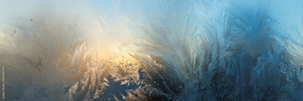 Poster frost patterns on a window illuminated by morning light create a serene winter atmosphere