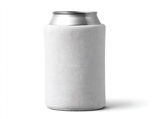 A silver-topped aluminum beverage can nested in a white foam cozy against a white background, casting a slight shadow