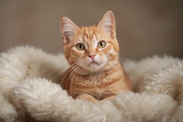 Obraz premium Adorable ginger feline resting on a soft fleece throw, gazing inquisitively at the lens.