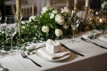 Fototapeta premium White-themed decorated table featuring small gifts for attendees