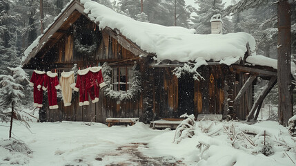 Santa Claus coats hanging outside a wooden cabin in snowy winter forest