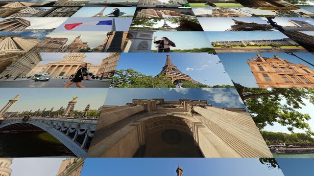 Collage video cityscapes of Paris France. Tourist attractions of the capital, architecture of buildings and landmarks in Europe.
