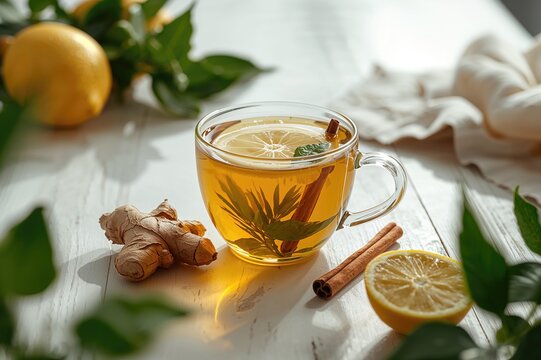 Glass of ginger tea with lemon and cinnamon sticks on a white surface, featuring fresh ginger and green leaves