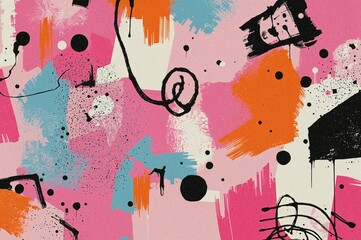 Vibrant abstract art with graffiti elements featuring pink, beige, blue, orange, and black hues. Includes geometric patterns, dots, and brush strokes. Ideal for posters, covers, journals, books, and