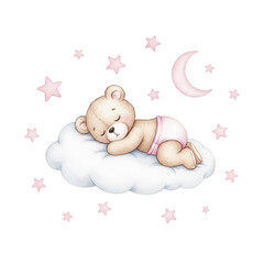 Cute baby bear sleeping on a cloud with stars isolated on transparent background