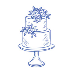 A blue cake with flowers on it. The flowers are pink and white