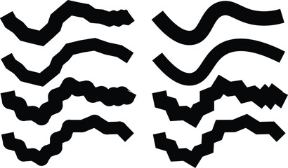 Wave line and wavy zigzag pattern lines icons, Wave ornament pattern, squiggly horizontal curvy squiggles, Thick sketch brush stroke collection illustration,
