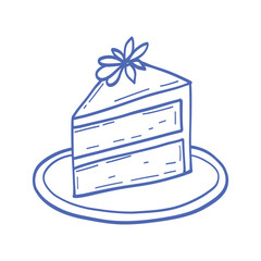 A blue and white drawing of a slice of cake with a flower on top. The cake is on a plate and the flower is placed on top of it