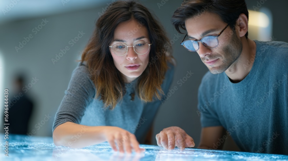 Poster two software engineers are examining data displayed on a futuristic interactive touchscreen table, c