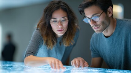 Two software engineers are examining data displayed on a futuristic interactive touchscreen table, collaborating on a project involving cutting edge technology and artificial intelligence