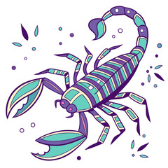 Stylized scorpion illustration with purple and teal colors