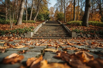 Fototapeta premium Close-up of cobblestone path with steps and autumn foliage in the background