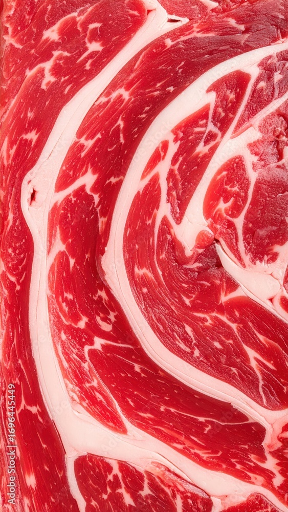Poster close-up of marbleized beef showing intricate red and white patterns