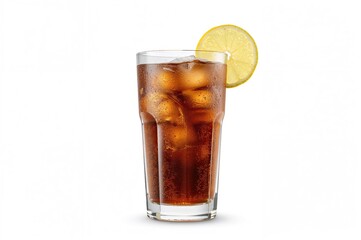 A glass of cola with lemon, known as Cuba Libre, isolated on a white backdrop.