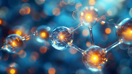 Innovative molecular structure with transparent glass spheres and glowing connections in abstract background