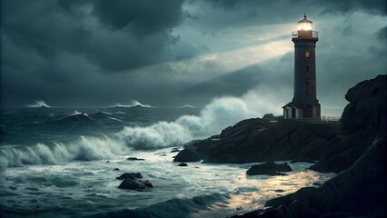 Lighthouse at sunset over calm water