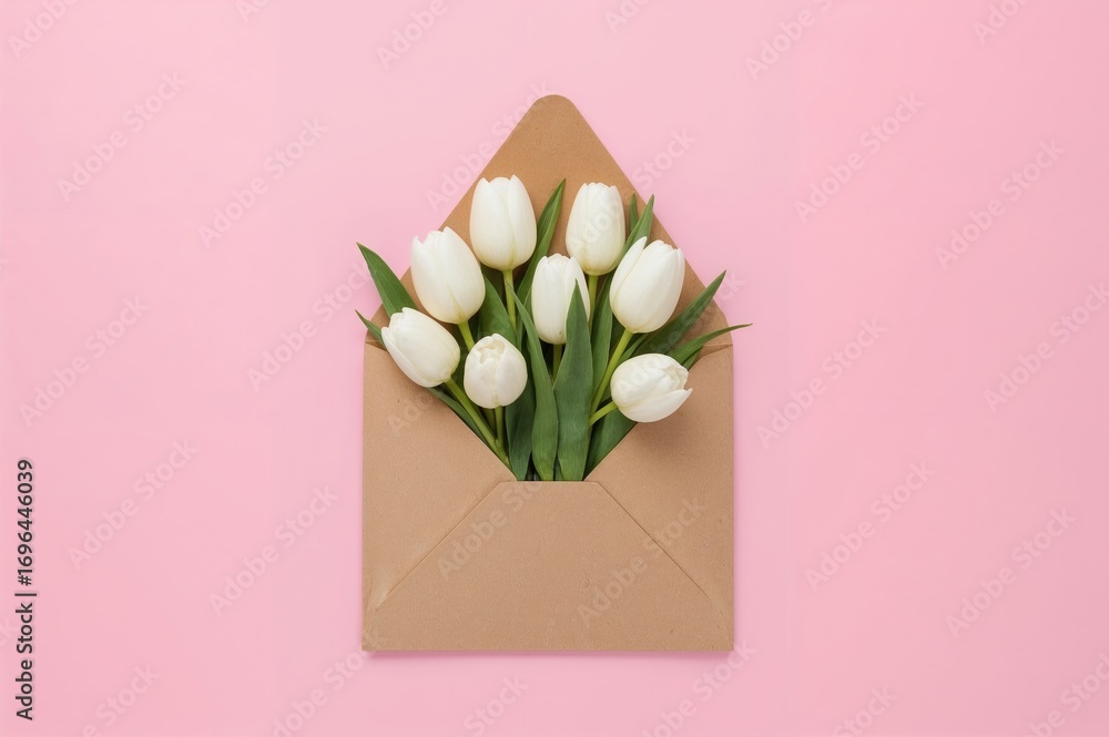 Poster white tulip bunch wrapped in rustic paper on soft pink backdrop. idea of a surprise. design element 