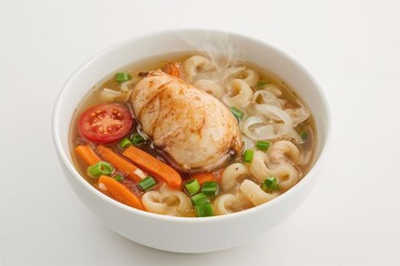 Clear Asian soup with drumette chicken, tomato, carrots, onion, and macaroni in a white bowl