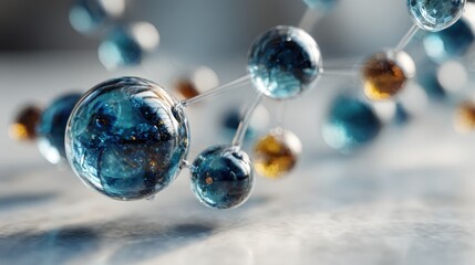 Abstract molecular structure design in light blue and amber tones