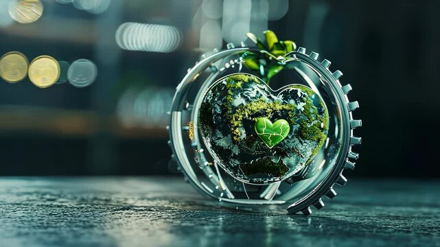 Globe with pulsating green energy and gears, symbolizing the union of technology and sustainability in reducing carbon footprints. Carbon footprint reduction technology