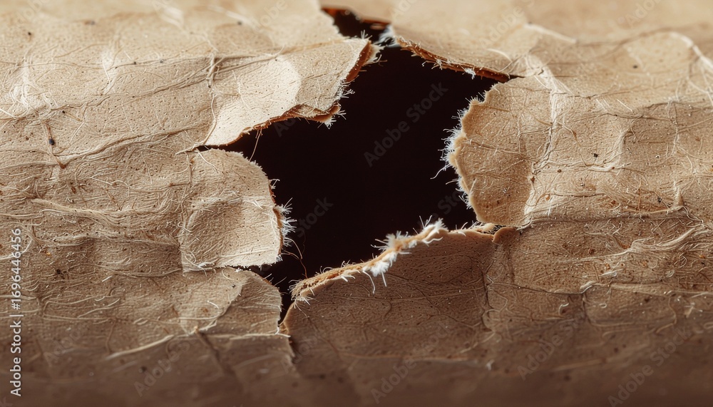 Poster Close up abstract texture of a weathered cracked wall with a dark hole revealing depth and shadow creating a mysterious and aged surface