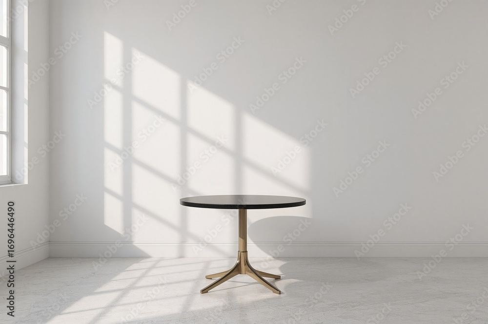 Poster close-up of a circular table illuminated by radiant sunlight with window frame shadows in a vacant s