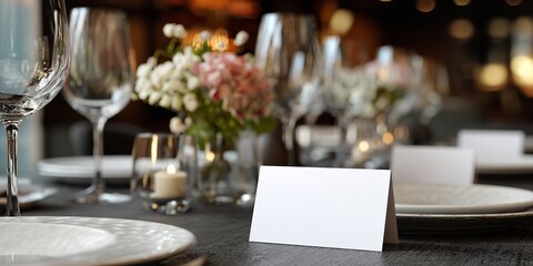 Blank white card with gold borders on restaurant table, surrounded by cutlery and wine glasses, elegant mockup for menu, invitation, or event design