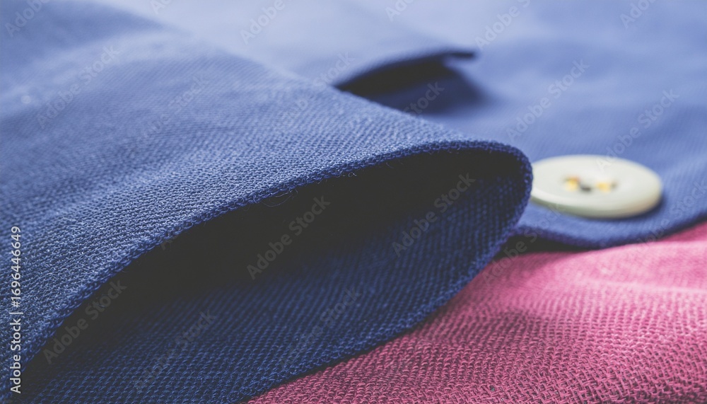 Poster close up abstract view of textured blue fabric with a light colored button and a hint of pink fabric