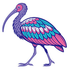 Stylized illustration of a purple and pink ibis bird